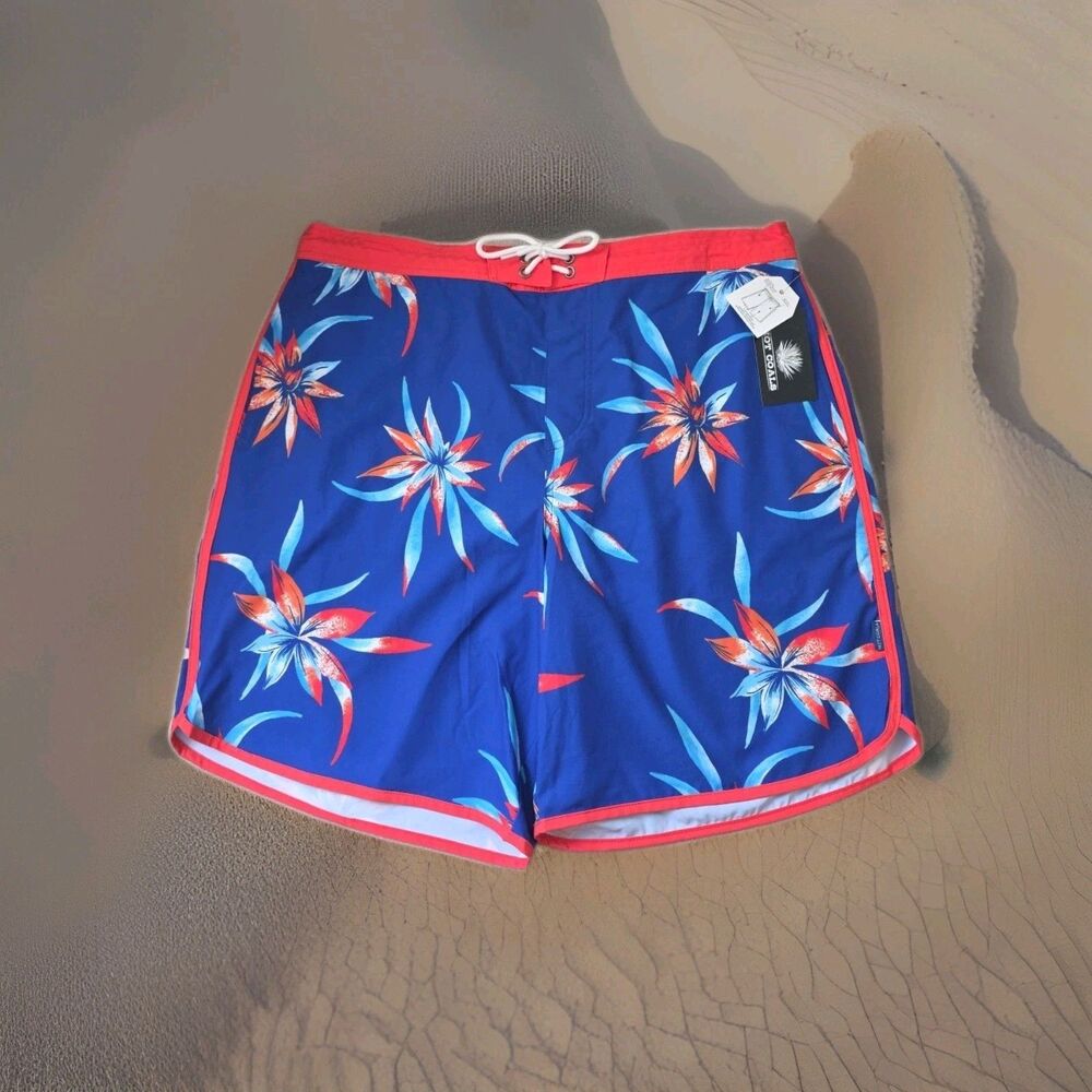 Hot Coals Men’s 8" Swim‎ Trunks XL Elastic Waist BLUE Floral Print Boardshorts